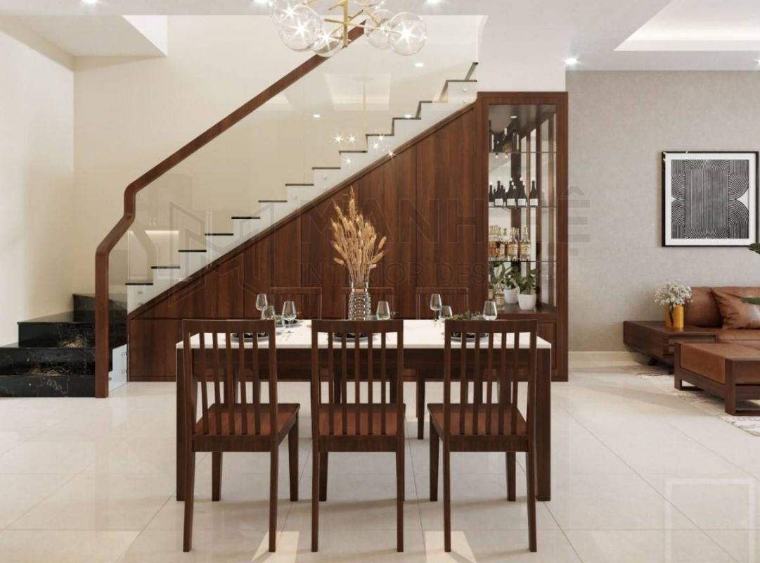 Phòng khách có cầu thang kính