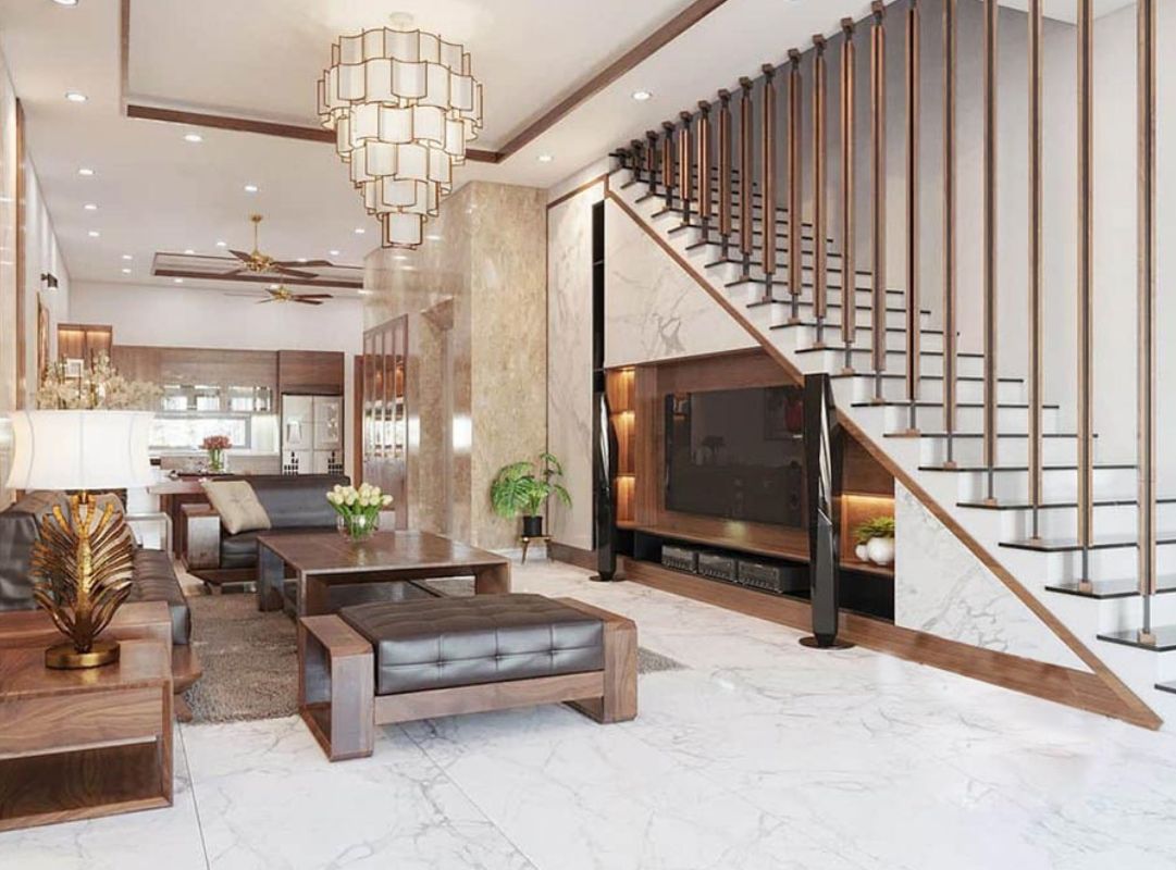 Phòng khách có cầu thang nổi độc đáo