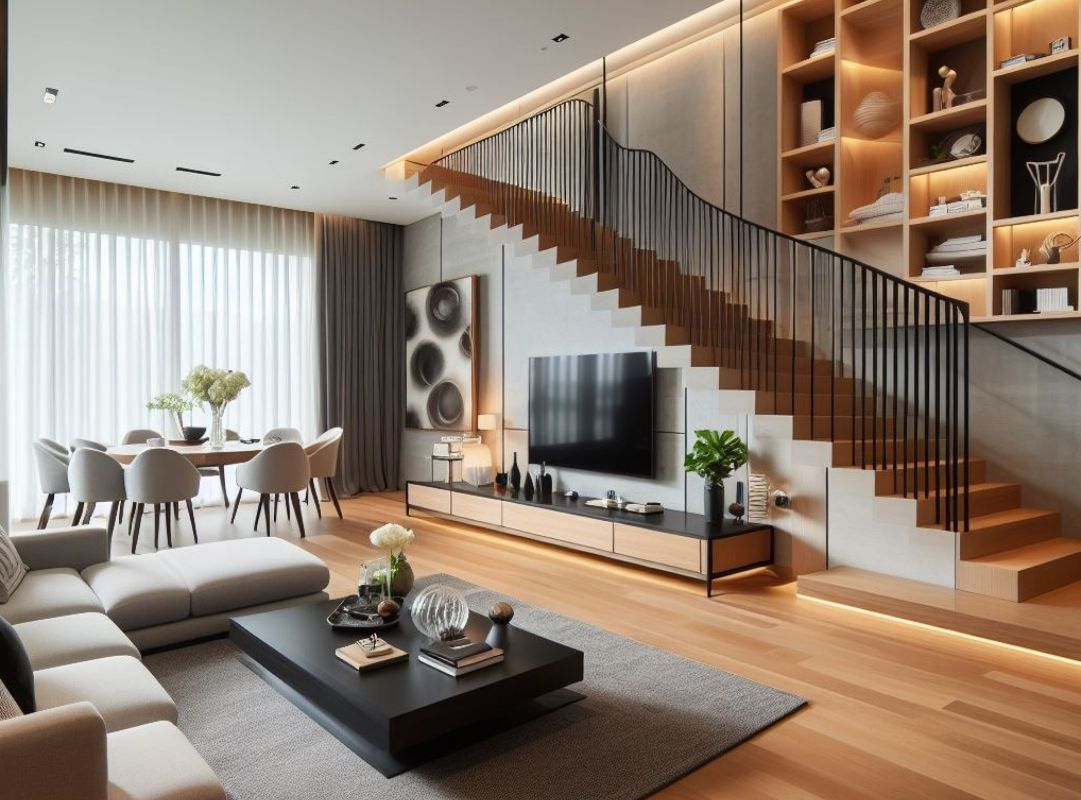 Phòng khách có cầu thang thẳng