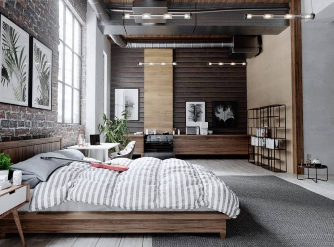 Phòng ngủ Industrial ấn tượng với trần cao