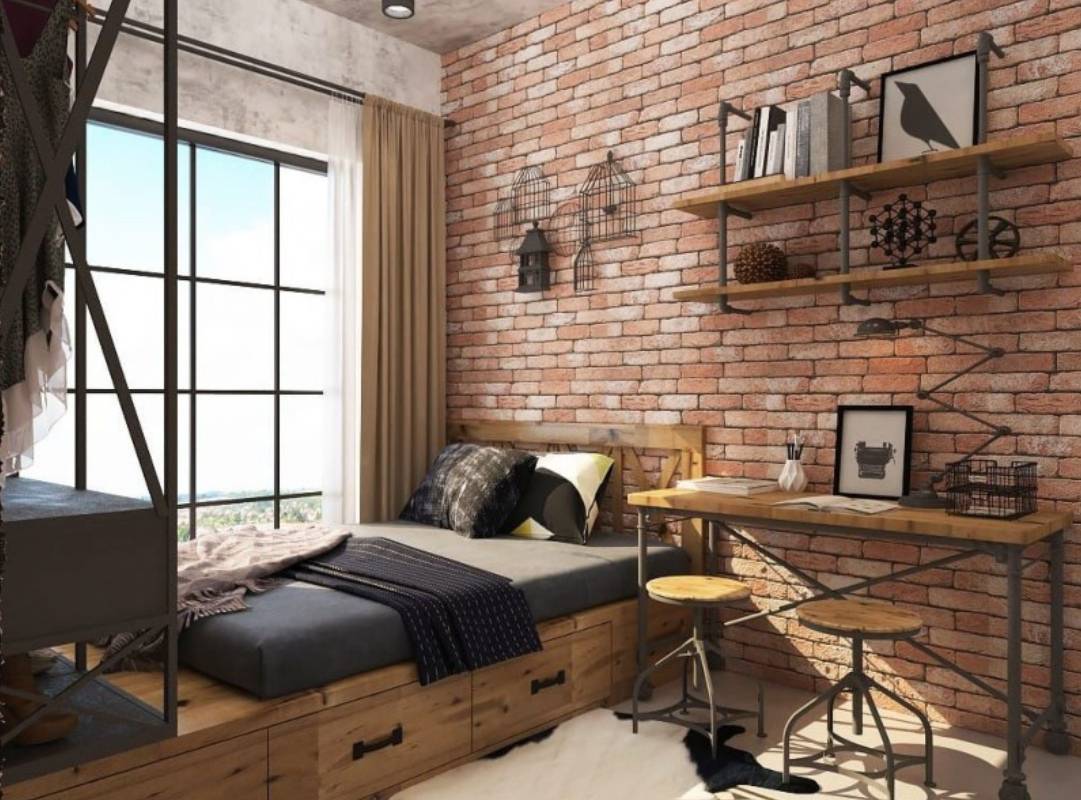 Phòng ngủ phong cách industrial kết hợp kim loại và gỗ