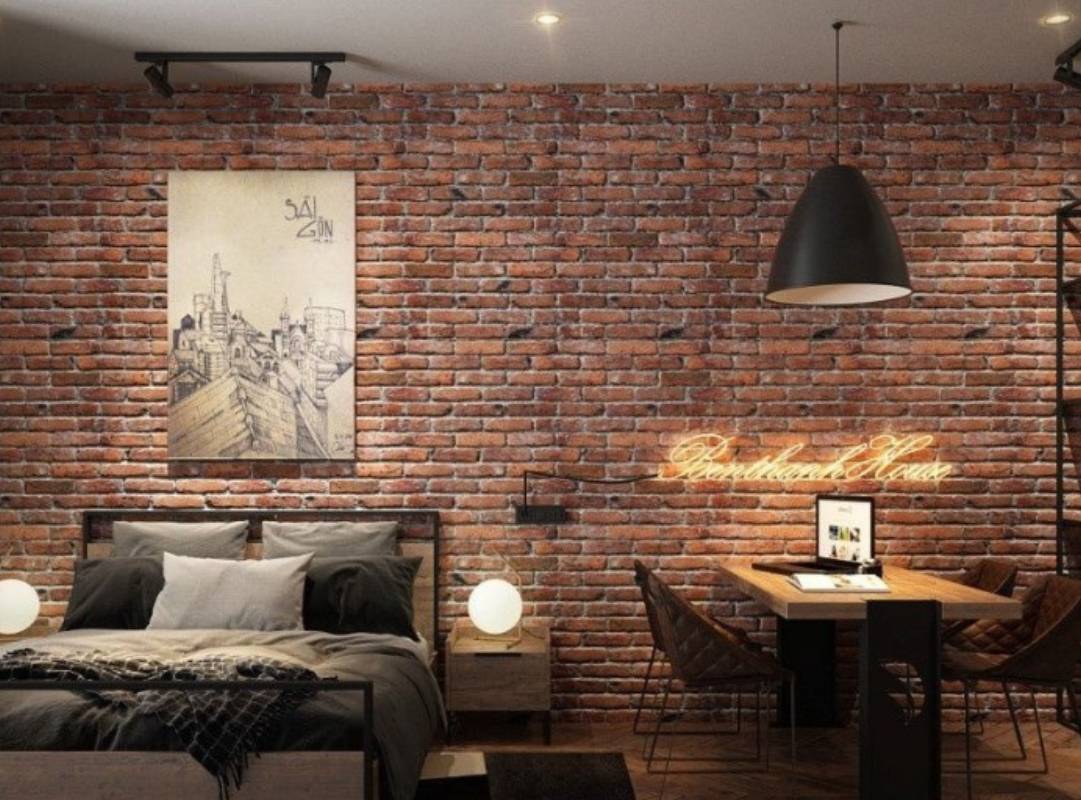 Phòng ngủ phong cách industrial tường gạch lộ thiên