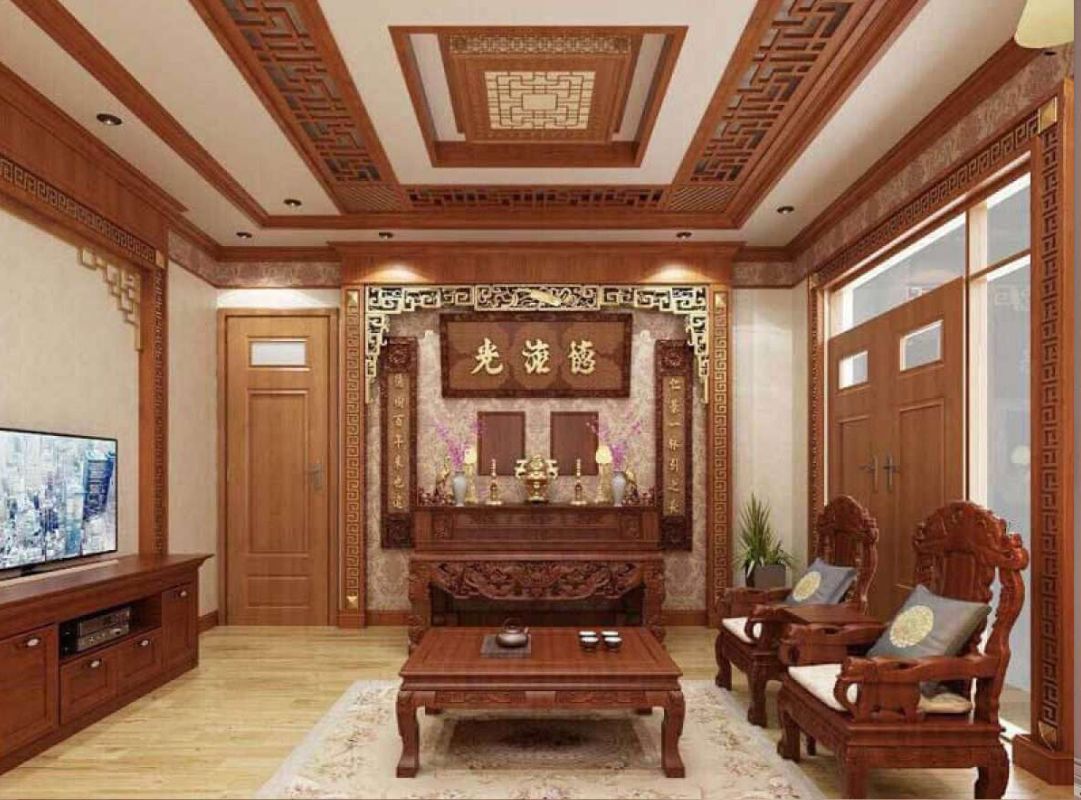 Thiết kế phòng khách kết hợp phòng thờ tinh tế, tối giản