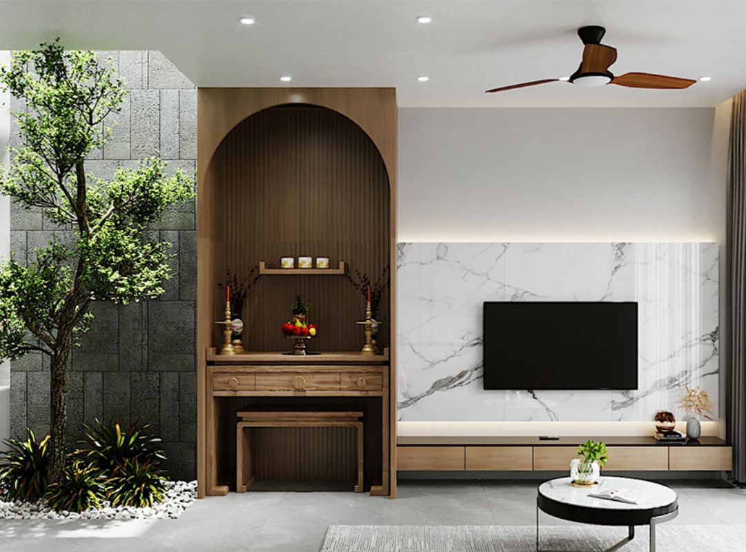 Thiết kế phòng khách kết hợp phòng thờ tinh tế, tối giản