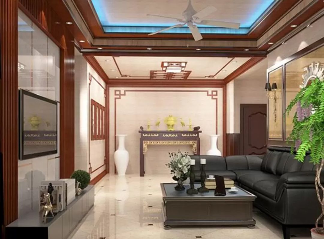 Thiết kế phòng khách kết hợp phòng thờ tinh tế, tối giản
