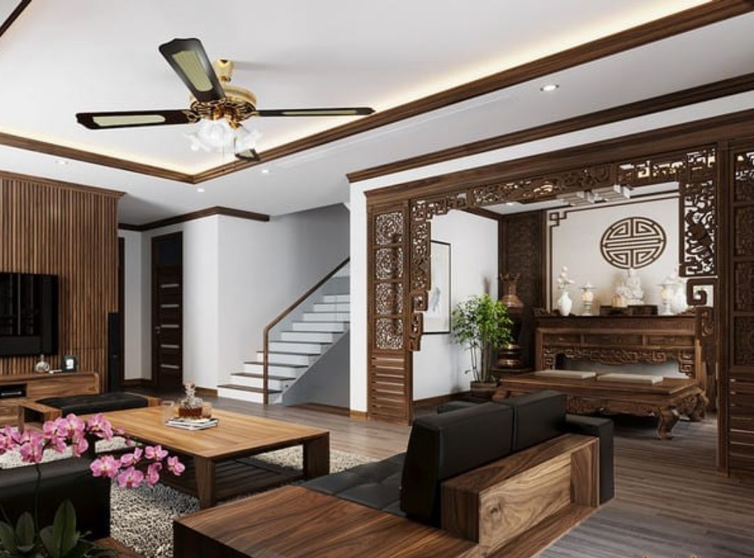 Thiết kế phòng khách kết hợp phòng thờ tinh tế, tối giản