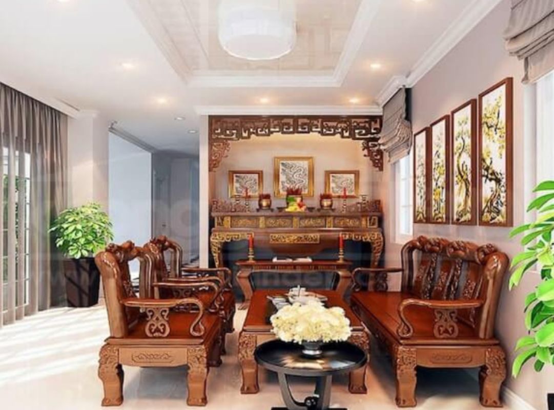 Thiết kế phòng khách kết hợp phòng thờ tinh tế, tối giản