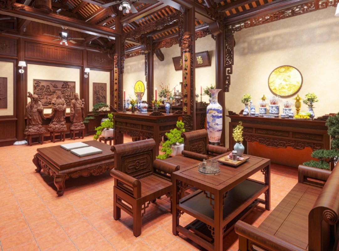 Thiết kế phòng khách kết hợp phòng thờ tinh tế, tối giản