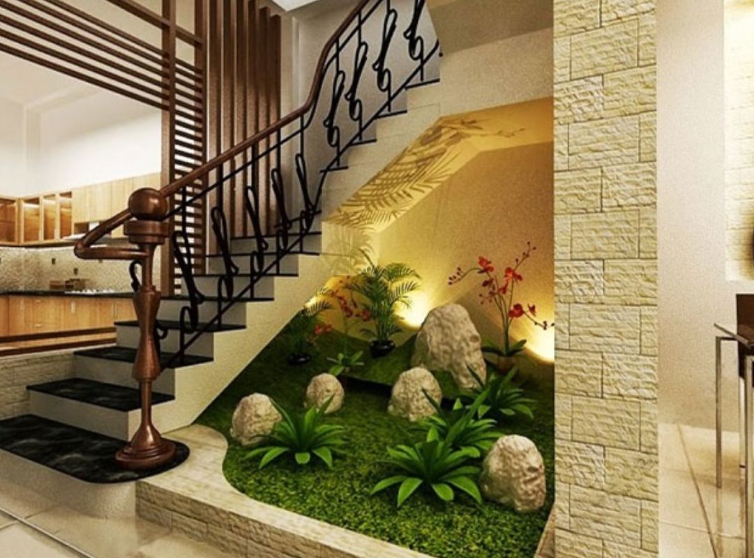 10 cách trang trí gầm cầu thang phòng khách tối ưu diện tích