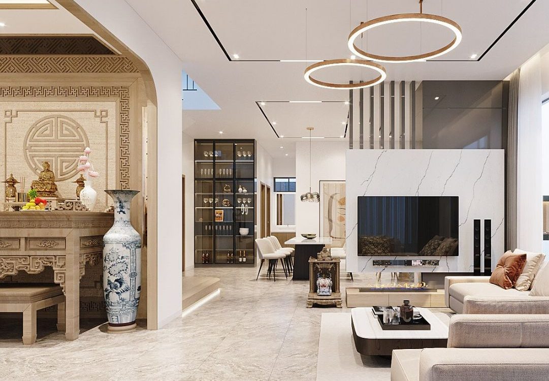 Thiết kế phòng khách kết hợp phòng thờ tinh tế, tối giản