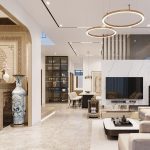 Thiết kế phòng khách kết hợp phòng thờ tinh tế, tối giản