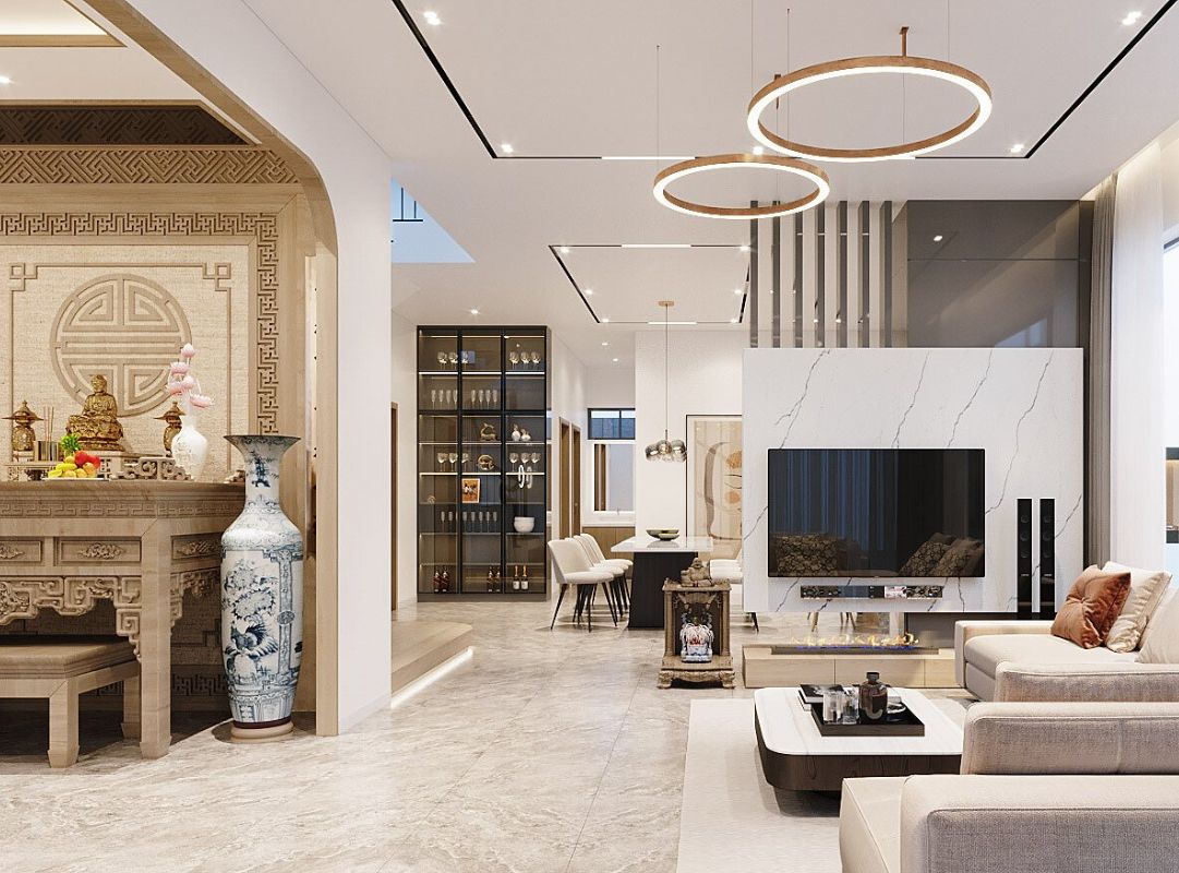 Thiết kế phòng khách kết hợp phòng thờ tinh tế, tối giản