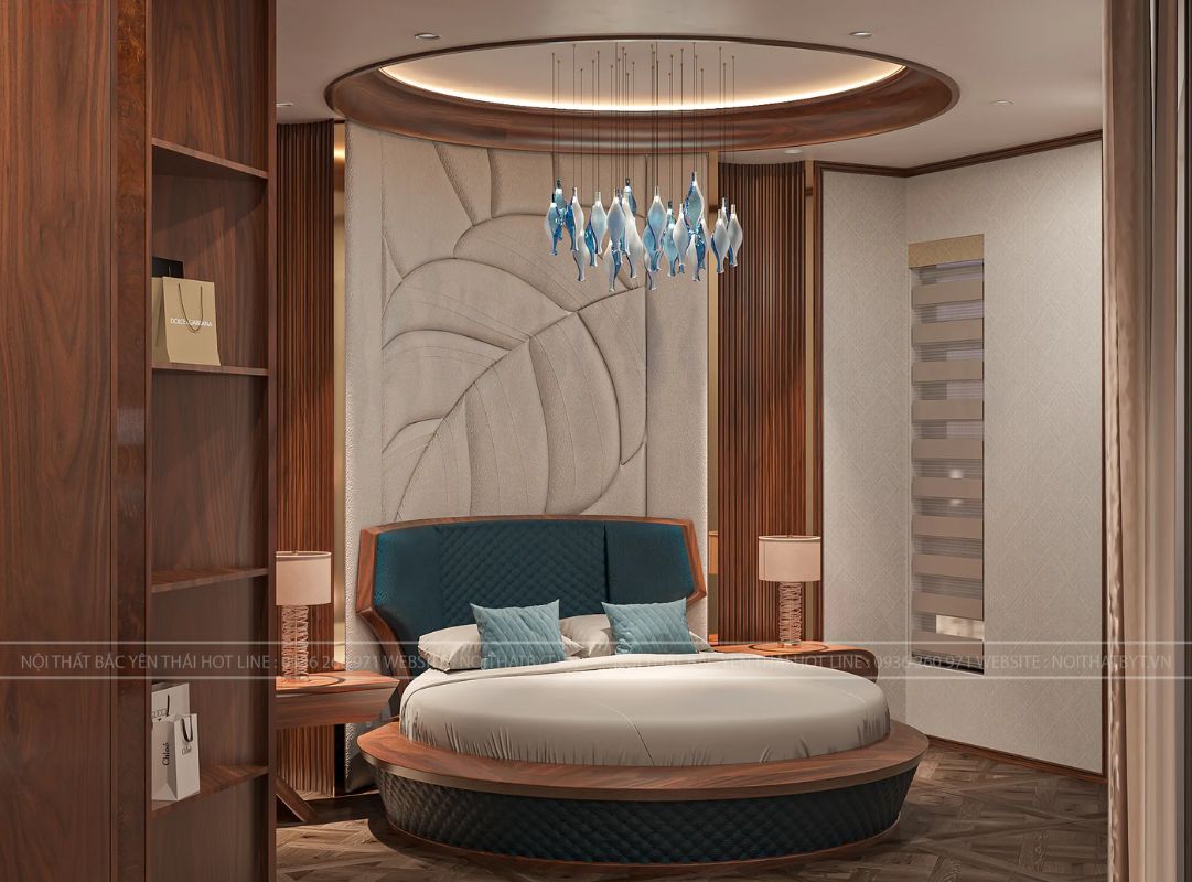 Phòng ngủ sang trọng với điểm nhấn từ chất liệu gỗ óc chó tự nhiên.