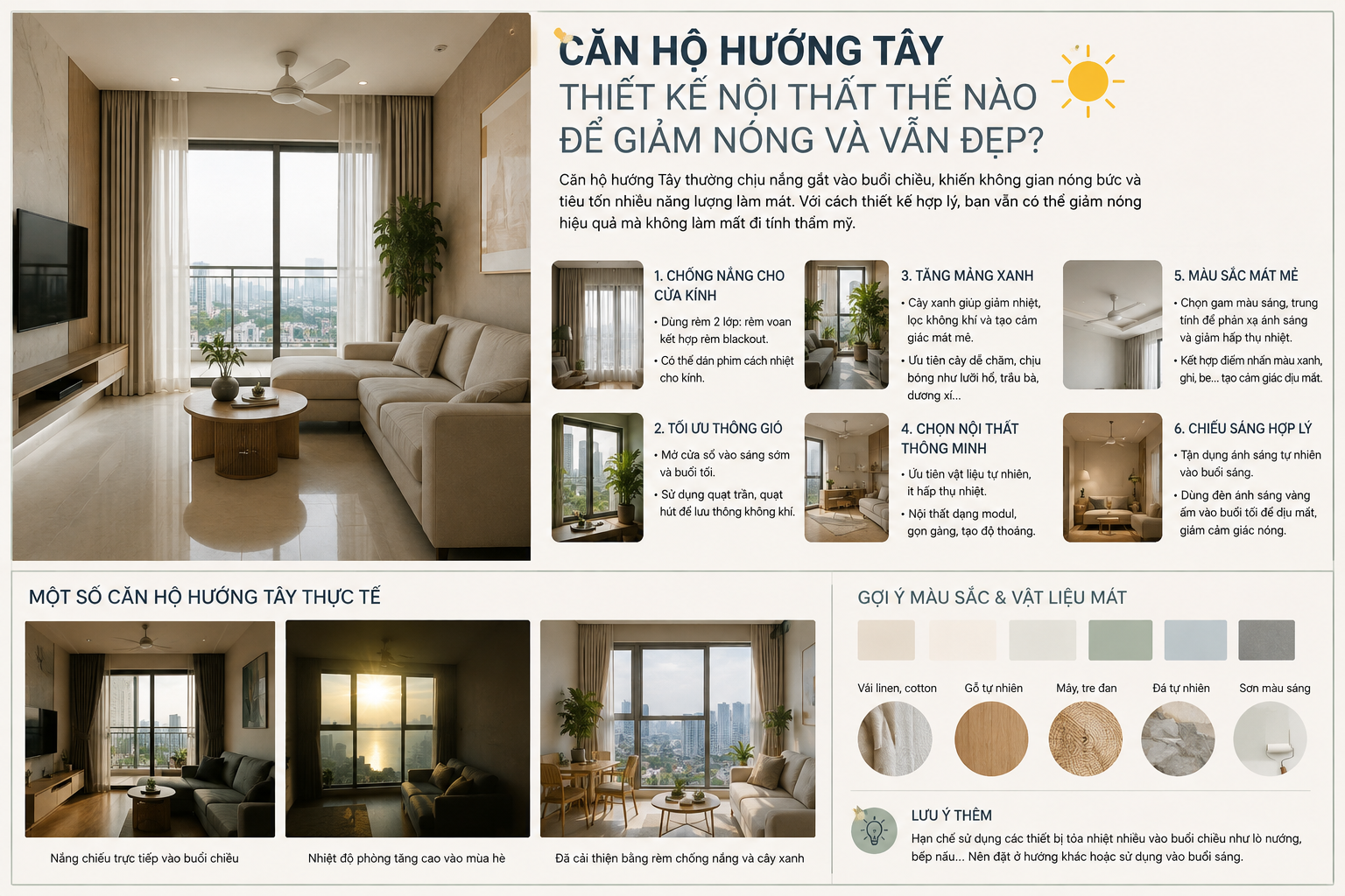 CĂN HỘ HƯỚNG TÂY NÊN THIẾT KẾ NỘI THẤT THẾ NÀO ĐỂ GIẢM NÓNG VÀ VẪN ĐẸP?