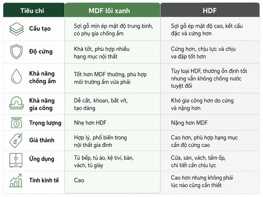 So sánh MDF lõi xanh và HDF: Loại gỗ nào phù hợp làm nội thất gia đình?