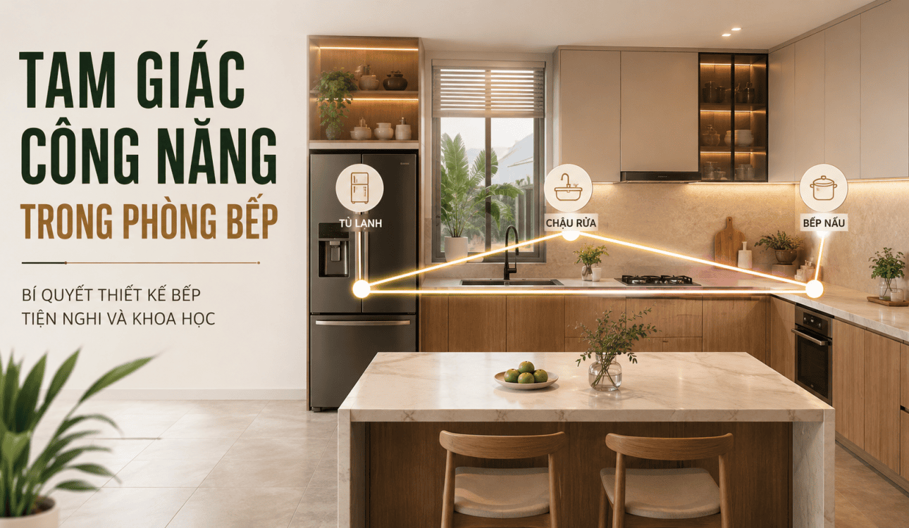 Tam giác công năng trong phòng bếp là gì? Nguyên tắc bố trí bếp tiện nghi, dễ sử dụng
