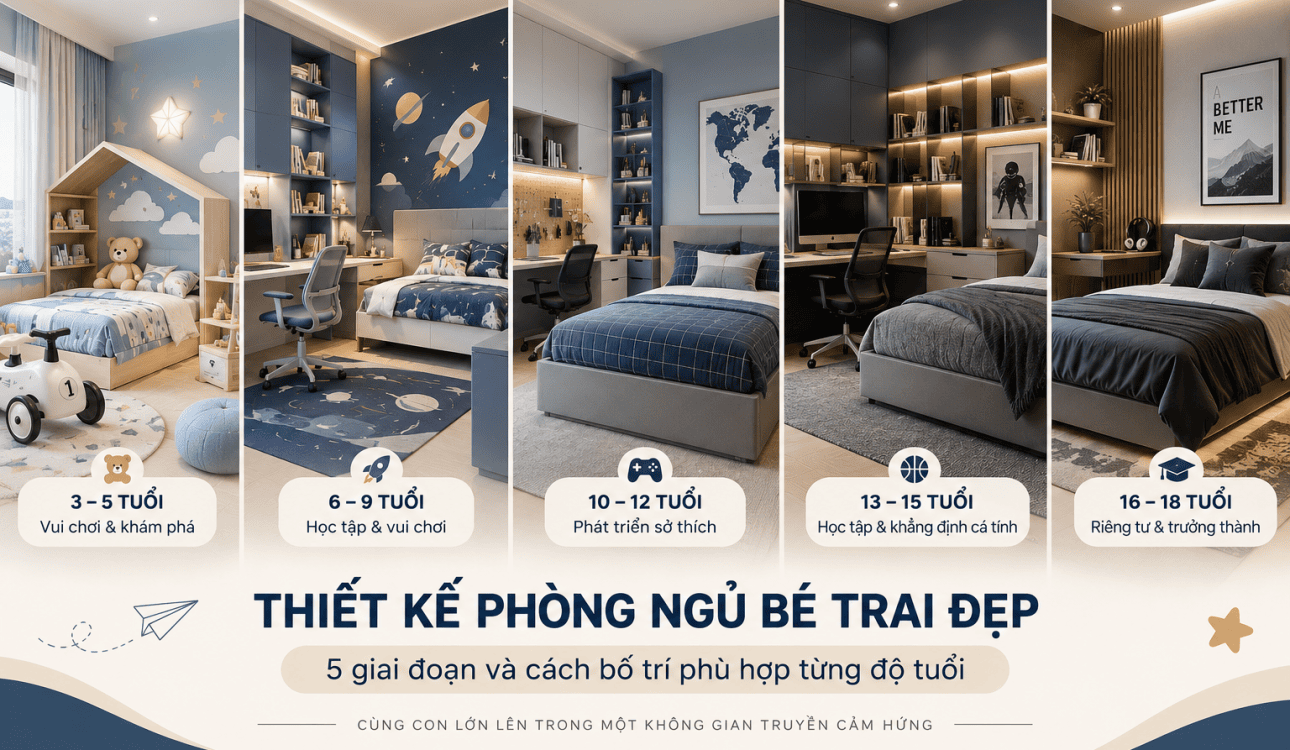 Thiết kế phòng ngủ bé trai đẹp: 5 giai đoạn và cách bố trí phù hợp từng độ tuổi