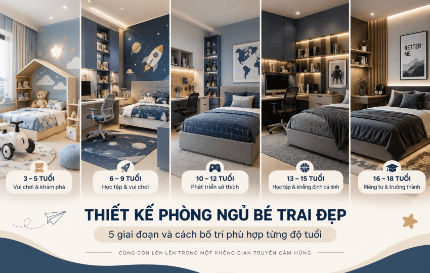 Thiết kế phòng ngủ bé trai đẹp: 5 giai đoạn và cách bố trí phù hợp từng độ tuổi