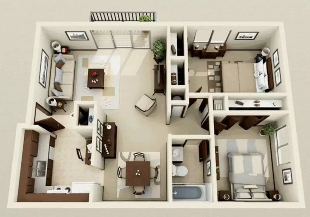 Mẫu thiết kế nội thất chung cư 67m2 2 phòng ngủ